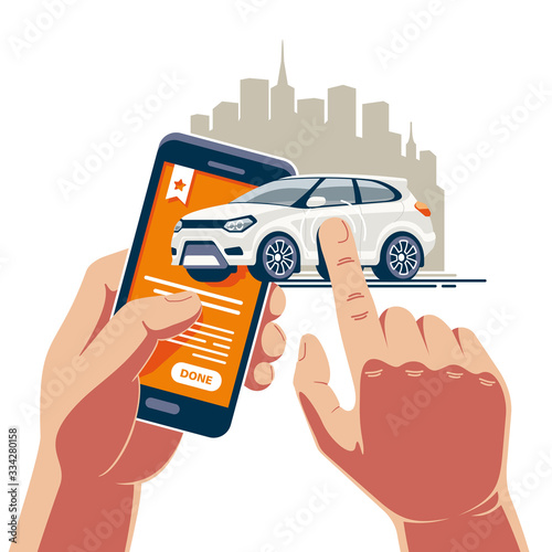 Fast vehicle operations with a mobile application on the Internet. A white car is bought and sold in one touch on a smartphone.
