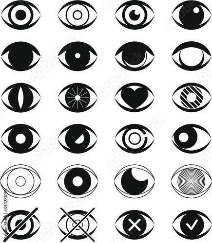 Eye flat icon set. Open eyes images, view simple eyeball signs isolated on white background. Ophthalmology signs. Sight, half closed and opened organ of vision vector collection