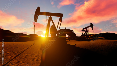 Oil pumps in the desrt over dusk sun. 3d illustration