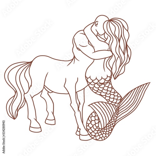 The mermaid and the centaur fell in love. Mythical love Fans of magic. Love of representatives of different elements. There are no barriers to true feelings. Vector illustration.