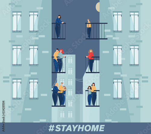 Vector Illustration. People stay at home to reduce risk of infection.