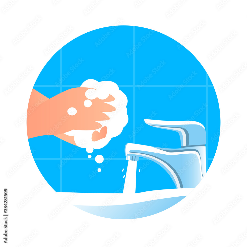 Hand washing with soap in the bathroom. Personal hygiene and the prevention of infectious diseases. Vector round illustration. Hand washing with soap in the bathroom. Personal hygiene and the prevention of infectious diseases. Vector round illustration.