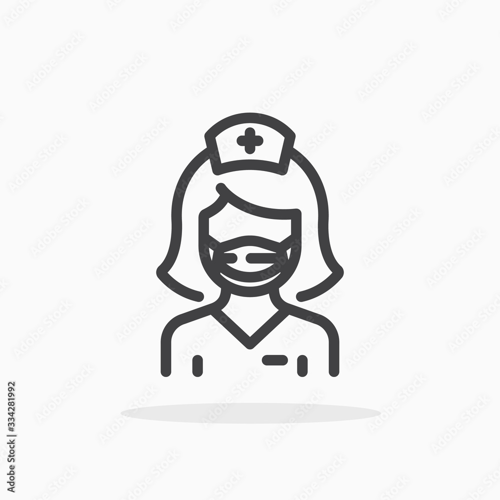 Nurse in flu mask icon in line style. Editable stroke.