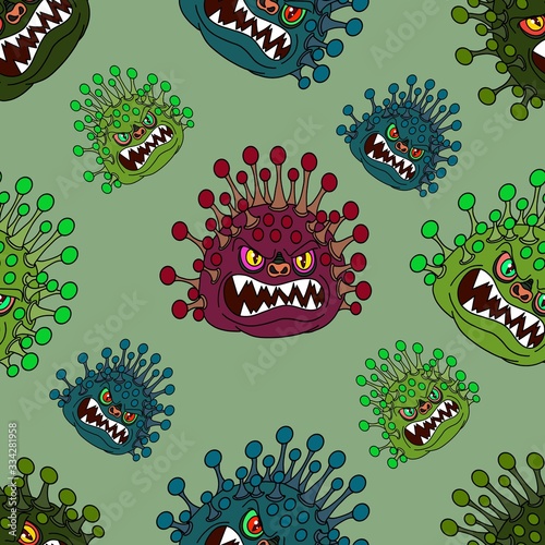 COVID-19. Corona Virus. Very dangerous and predatory virus. The virus that causes the disease in humans, from the common cold to SARS. 2019-nCoV. Vector seamless illustration.