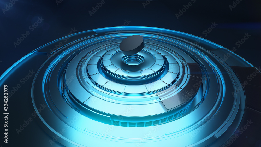 Hockey washer flying above rotating round-shaped platform in blue color, 3D modeling Hockey washer flying above rotating round-shaped platform in blue color, 3D modeling