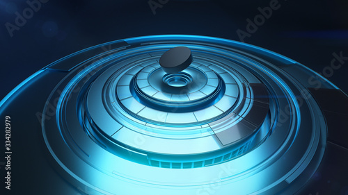 Hockey washer flying above rotating round-shaped platform in blue color, 3D modeling