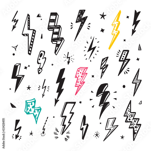 Lightning Bolts Vector Set. Hand Drawn Doodle Lightning Bolt Signs, Thunderbolts, Energy Thunder bolt, Warning Symbol illustration