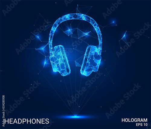 The hologram headphones. Consists of polygons, triangles, points, and lines. Headphones are low-poly connection structure. The technology concept.