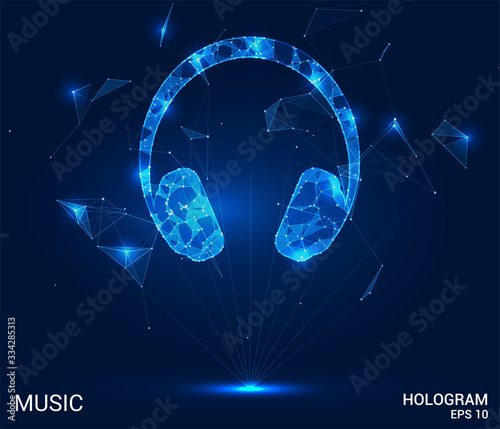 The hologram headphones. Music from polygons, triangles, points, and lines. Music is a low-poly compound structure. The technology concept.