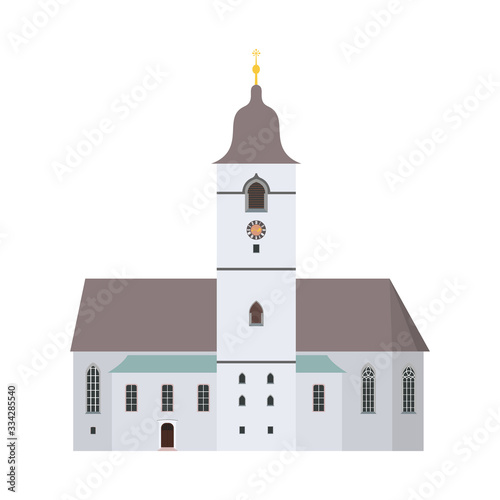 Church of Saint Wolfgang in austrian town of St.Wolfgang on Wolfgangsee lake. Exterior facade of ancient european christian  church with clock on bell tower. Vector flat architecture illustration.