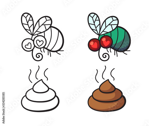 Poop and fly. Comic illustration for coloring book page, print. Black and white sketch with humour. Isolated on white background.