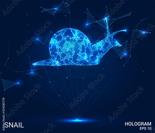 A hologram of a snail. A snail made of polygons, triangles, points, and lines. The snail is a low-poly compound structure. The technology concept.