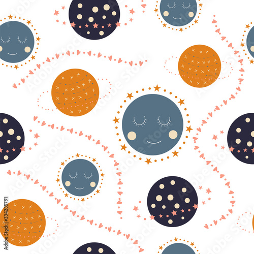 Seamless pattern of cute sleepy blue planets on a white background
