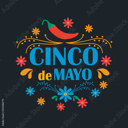 Cinco de Mayo on May 5th. Vector illustration with design for federal holiday in mexico. Pattern with traditional mexican symbols, flowers, red pepper, maracas, sombrero. Banner, poster. © RomchikDL