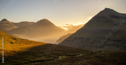 Golden hour panoramic landscape scenery in Stroymoy  Faroe Islands