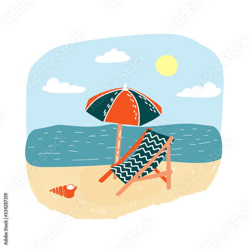 Summer sea landscape with beach sand and the sun bed with sunshade. Vacation without people, relaxing travel or cancelled trip concept, banner design. Flat vector isolated illustration.
