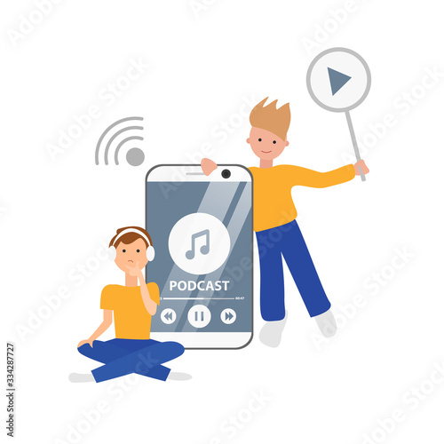 Vector illustration of young guys choosing podcast in flat style. Design of online study from home in the quarantine. Adult men thinking to start broadcasting blog. Concept of freelance and pod cast