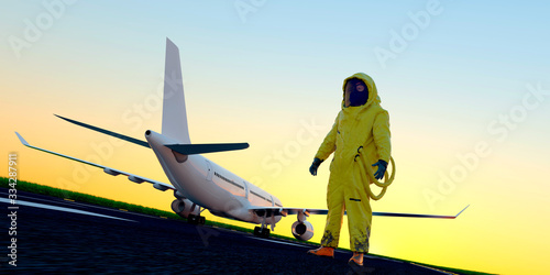 Fototapeta Naklejka Na Ścianę i Meble -  Coronavirus Medical Scientist Covid19 Korona Virus Novel Biohazart  Protection Suit Airplane 3D illustration