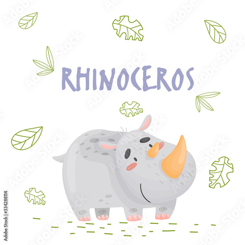 Cute cartoon rhinoceros in jungle on a white backgrount. 