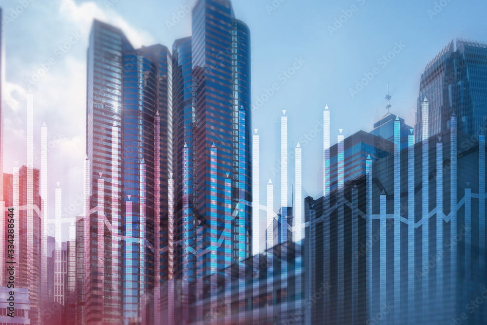 Histogram and lines economic chart of financial instrument on modern metropolis. Up and down arrows.