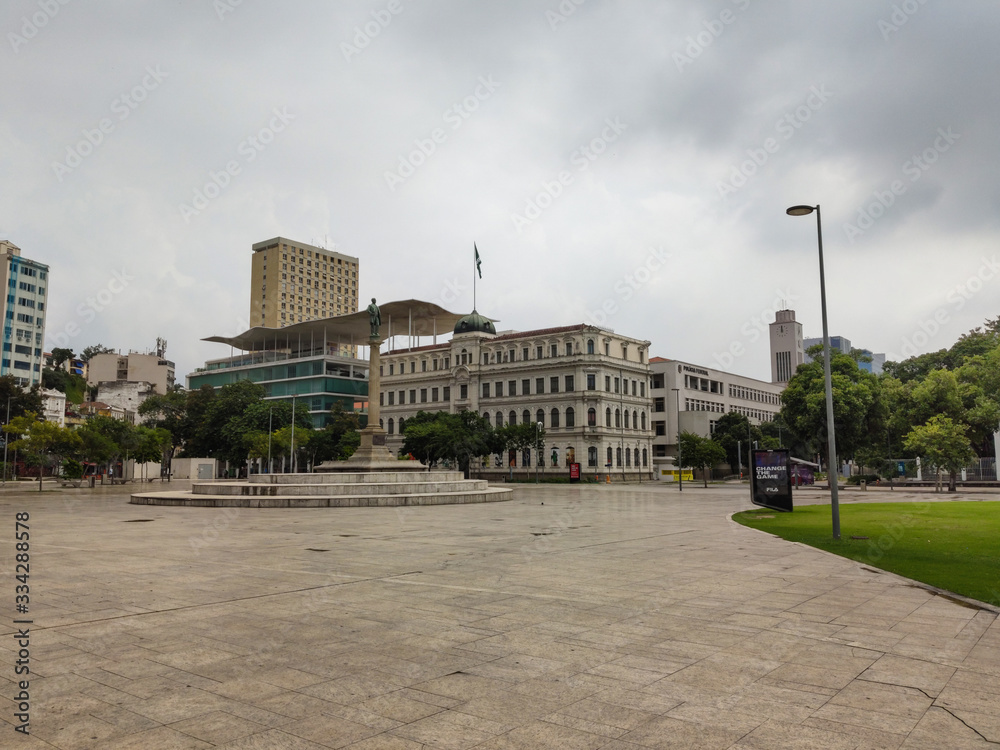 Empty Maua Square (Praça Mauá), in the Downtown of Rio de Janeiro/Brazil, because of the coronavirus. Quarantine and isolation. Coronavirus concept. Novel coronavirus. (2019-nCoV). Covid-19.