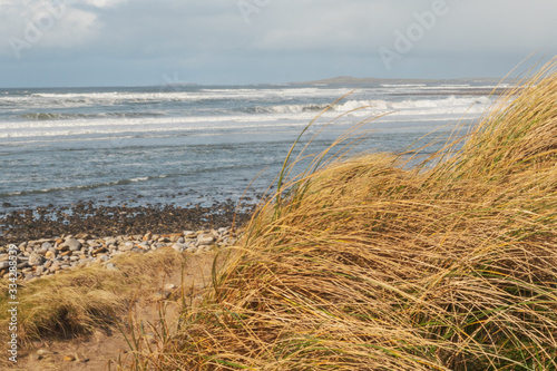 View on Atlantic ocean from dunes. Strandhill beach  county Sligo  Ireland  Yellow grass blue water and cloudy sky.