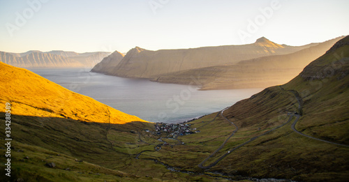 Golden hour panoramic landscape scenery in Stroymoy, Faroe Islands