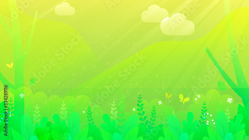 Vector spring nature background with grass and green hills. Spring background with smooth color and abstract blurry bokeh light effect. Template banner for Seasons holiday or Spring background.