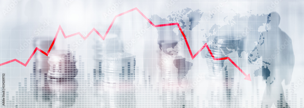 Chart with red down arrow on abstract background. Falling growth in business Chart with red down arrow on abstract background. Falling growth in business