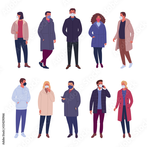 Outerwear people collection. Vector illustration of multiethnic group of people wearing demi-season clothes and different types of protective medical masks. Isolated on white