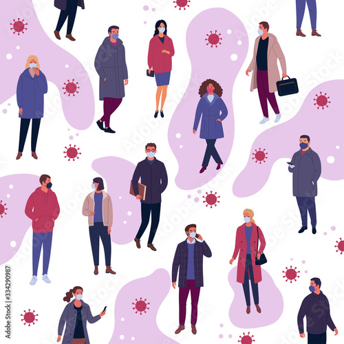 Coronavirus pandemic. Vector illustration of large multiethnic group of people in casual clothes and medical masks walking among viruses abstract background. Isolated on white.
