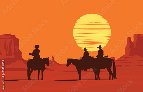 Vector landscape with American prairies and silhouettes of armed cowboys riding horses at sunset or sunrise. Decorative illustration on the theme of the Wild West. Western vintage background