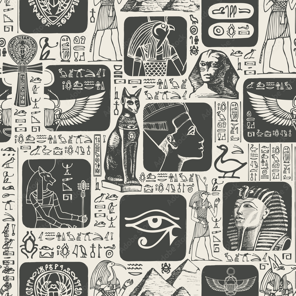 Vector seamless pattern with hieroglyphs and illustrations on the theme of  Ancient Egypt. The Egyptian symbols and mascots. Suitable for wallpaper,  wrapping paper, fabric, background in retro style Stock Vector | Adobe