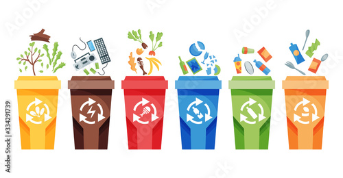 Garbage collection recycling. Plastic containers for garbage of different types. Rubbish container concept logo. Vector illustrations in cartoon style