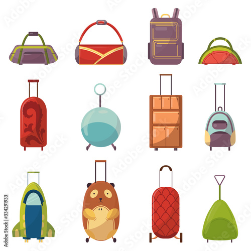 Childish cute bag types for trips collection. Wheeled child handle travel bag. Variety bright backpacks for school children, students, travelers and tourists. Fashionable bags for kids and adults