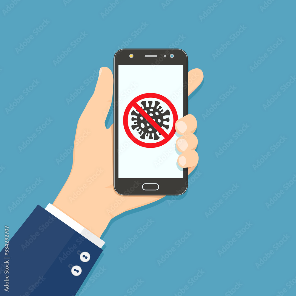 Hand holding smartphone with stop covid-19 sign. Flat design illustration. Hand holding smartphone with stop covid-19 sign. Flat design illustration.