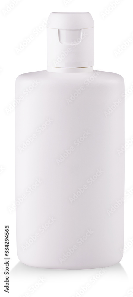 Plastic bottle with soap or shampoo without label reflected on white background Plastic bottle with soap or shampoo without label reflected on white background