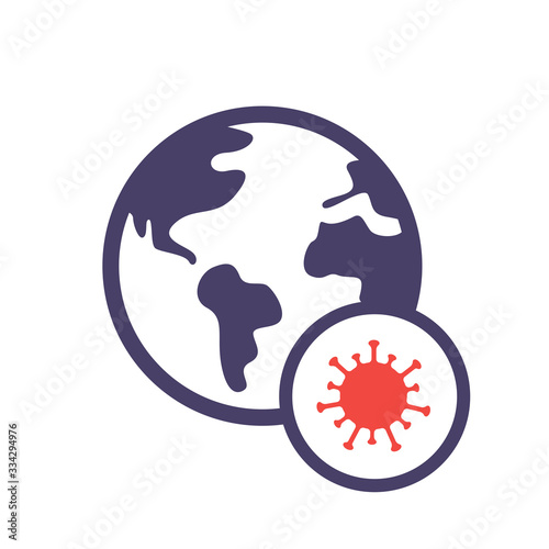 Earth with virus. World virus infection icon. Coronavirus cells on globe. Pandemic. Flat style. Isolated on white background.
