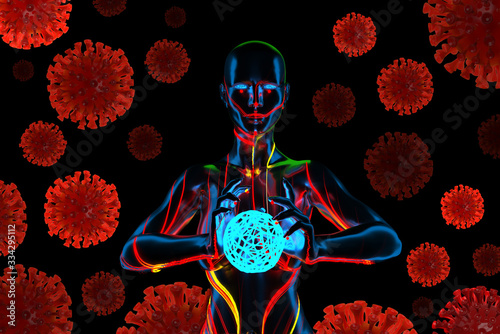 Fotografia Woman healer prays against Coronavirus Wuhan, China COVID-19 molecules flying around