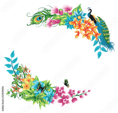 Summer tropical isolated frame decoration with peacock, palm leaves and hibiscus flowers. Vector floral background.