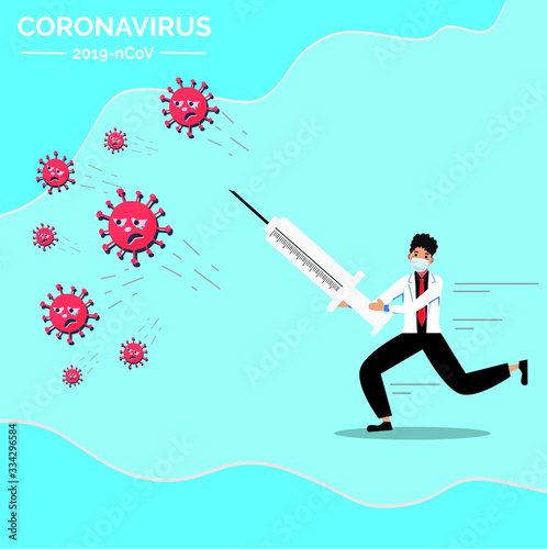 Vector doctor mask illustration running virus inject for background , covid-19 corona virus. cure corona virus. end of 2019-ncov. don't be afraid of the corona virus concept © Karacis