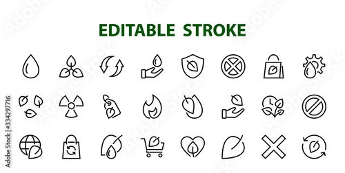 Ecology Icon Set, Vector lines, contains icons such as photosynthesis, Enviroment protection, Eco-friendly package, growth time, Editable stroke, perfect 48x48 pixels, White background