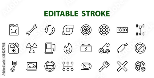 A simple set of car services related vector line icons. Contains icons such as oil, diagnostics, turbine, steering wheel, chassis, gearbox and much more. Editable move. 480x480 On a white background