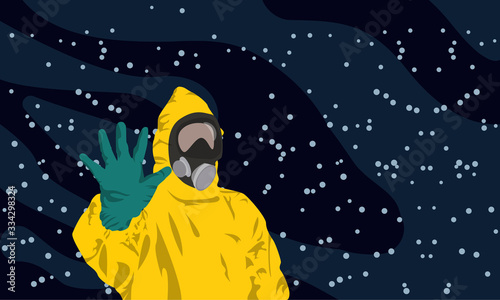 Illustration vector graphic of image man wearing yellow hazmat suits to prevent Coronavirus and diseases on dark blue background. covid-19 epidemic. flat illustration. vector EPS10.