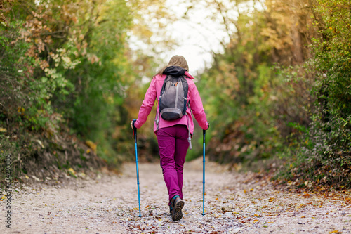 Hiker girl walking away from camera on a wide trail in the mountains. Back view of backpacker with pink jacket in a forest. Healthy fitness lifestyle outdoors.