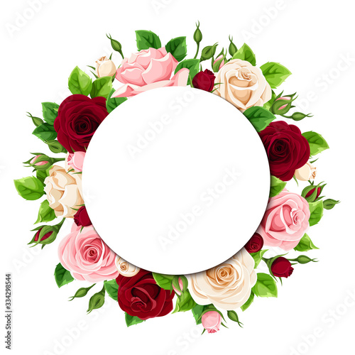 Vector greeting or invitation circle card with pink, burgundy and white roses.