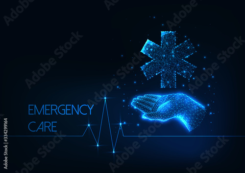 Futuristic Emergency care concept with low polygonal human hand holding medical symbol star of life