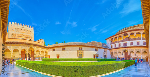 Panorama of Court of Myrtles, Nasrid Palace, Alhambra, Granada, Spain