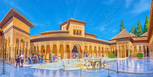 Panorama of Court of Lions, Nasrid Palace, Alhambra, Granada, Spain