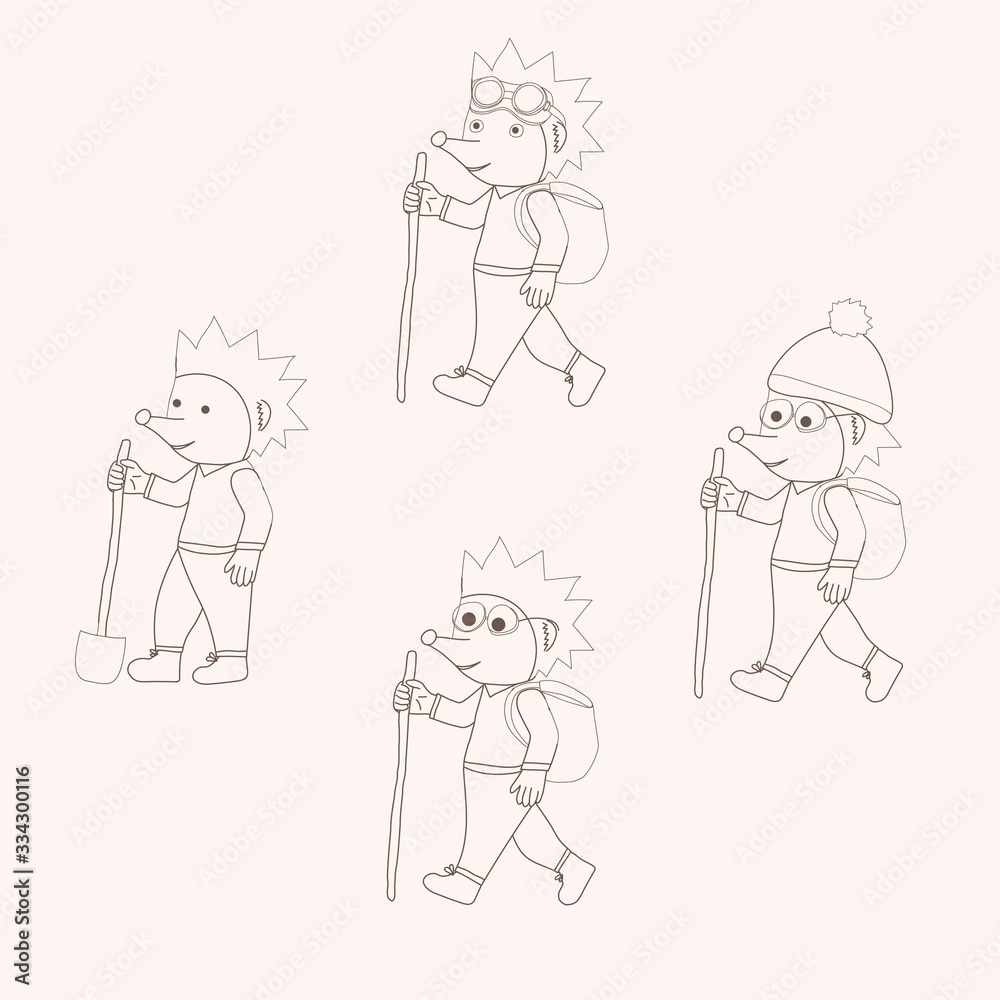 Cute vector set with hedgehogs traveler in outline style. Animal illustration. Character hedgehog carries a bag on the straps behind his back. Cute vector set with hedgehogs traveler in outline style. Animal illustration. Character hedgehog carries a bag on the straps behind his back.
